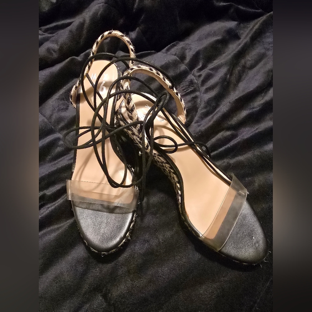 Mix No. 6 Black and Clear Strappy Wedge Sandals